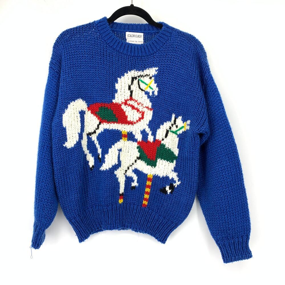 VTG Colorcues Carousel Horse Sweater Hand Knit Blue Novelty Pullover Womens Sz M